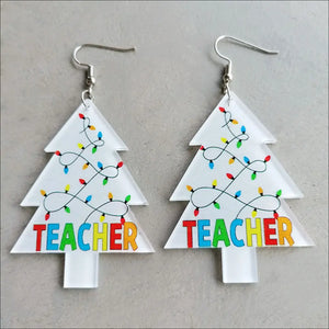 Acrylic Christmas tree earrings with colorful lights and TEACHER text