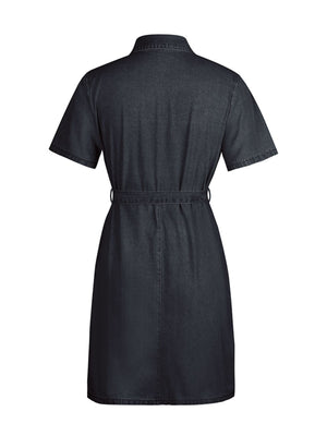 Zipper front denim mini dress in dark gray with short sleeves and a belted waist.