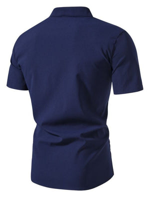 Men's dark blue short sleeve button-up shirt with band collar, casual cotton fabric.