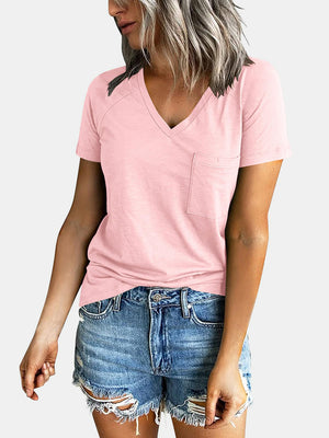 Raglan pocket t-shirt in blush pink with V-neck and short sleeves.