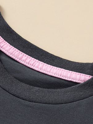 Kids dark gray cotton crew neck t-shirt with pink trim detail