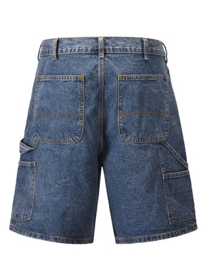 Carpenter denim bermuda shorts in medium wash with utility pockets and contrast stitching.