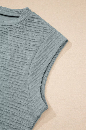 Textured crew neck t-shirt in air force blue with cap sleeves