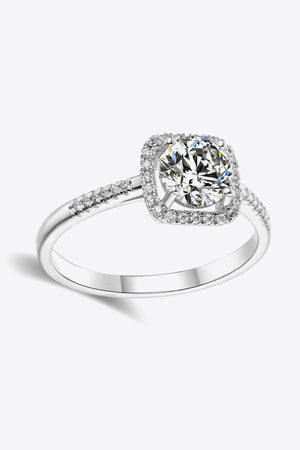 Silver moissanite halo ring with pavé band in 925 sterling silver