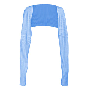 Ribbed knit shrug with extended sleeves in Misty Blue, featuring a cropped fit and long sleeves.