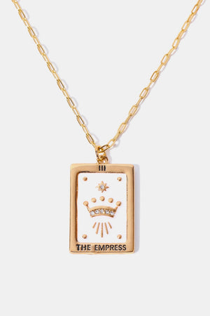 Gold chain necklace with a white and gold "The Empress" tarot card pendant featuring a crown and star detail.