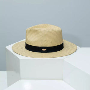 Beige straw boater sun hat with black ribbon band and oval detail