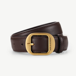 Brown cowhide leather belt with gold oval buckle and embossed text