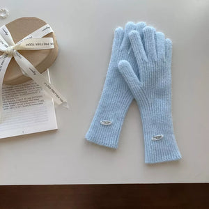 Pastel blue ribbed knit touchscreen gloves with small logo detail