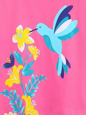 Hot Pink t-shirt with a blue hummingbird and yellow flowers print.