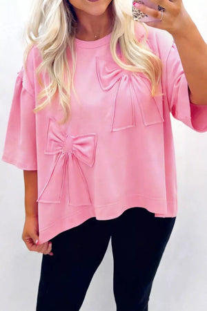 Solid Color Raw Edge Bow Patch Loose T Shirt in Pink, front view