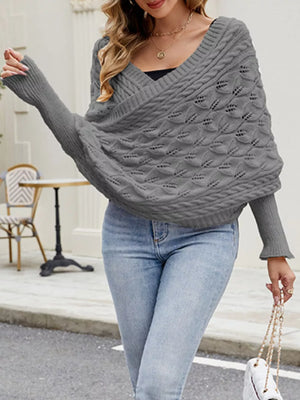 Cable Knit Batwing Sleeve Sweater in Black, back view