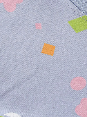 Toddler dress in light blue cotton blend with playful abstract print of pink, orange, and green shapes.