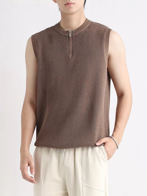 Men's brown textured knit quarter-zip sleeveless tank top