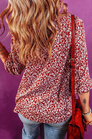 Bohemian floral print blouse in cerise with tie detail, 100% viscose, 3/4 sleeves