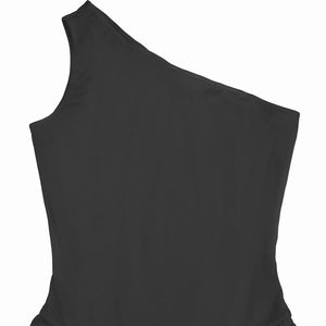 Black ruched one-shoulder evening dress with a sleek fit.