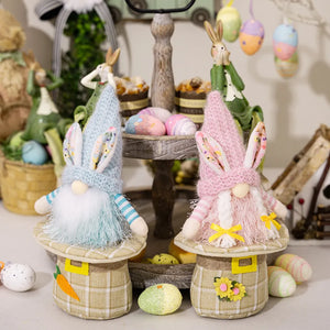 Easter gnomes in light blue and blush pink with bunny ears and striped sleeves.