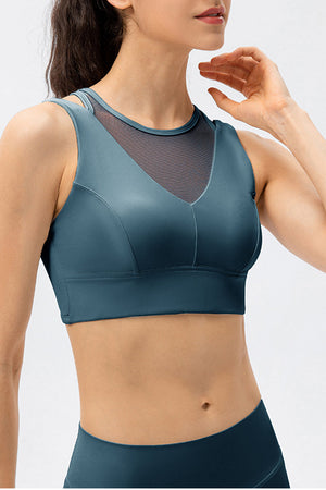 Dark Blue mesh inset performance bra top with V-neck and double strap detail