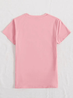 Blush pink polyester t-shirt with a crew neck and short sleeves.