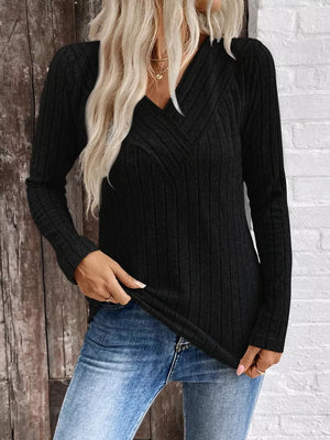 Ribbed V-neck Long Sleeve T-shirt in Grey, view 11