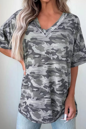Relaxed fit grey camouflage v-neck t-shirt with short sleeves and contrast stitching