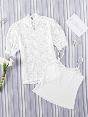 White lace short sleeve blouse with mock neck and cami set