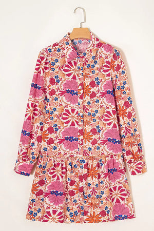 Fall Flower Print Long Sleeve Mini Dress in Dusty Pink, fit detail