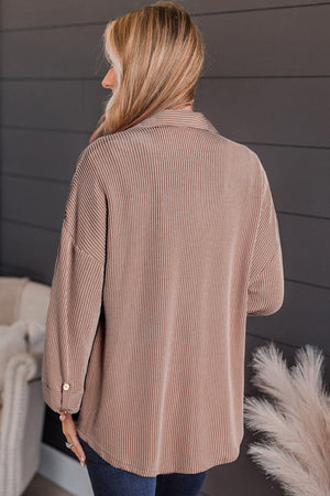 Textured stripe oversized overshirt in Dust Storm with button cuff detail.