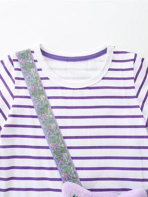 Baby dress with purple stripes, floral trim strap, and cat bag detail.
