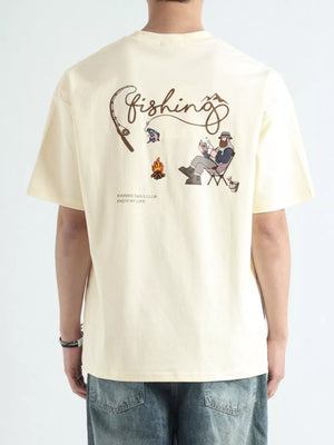 Men's apricot cotton graphic tee with fishing scene print and text.