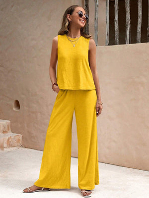 Gold linen tank top and wide-leg palazzo pants set