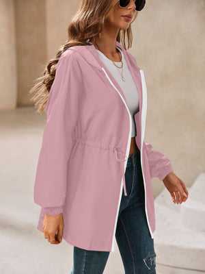 Dusty Pink hooded jacket with cinched waistline and white zipper detail