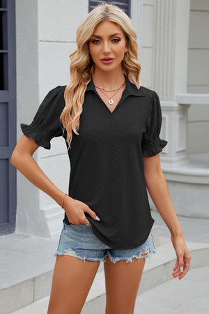 Black eyelet polo blouse with short ruffled sleeves