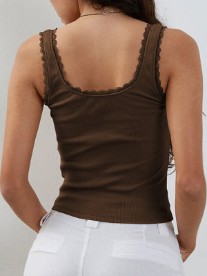 Chocolate ribbed knit cami with lace trim and scoop neckline.