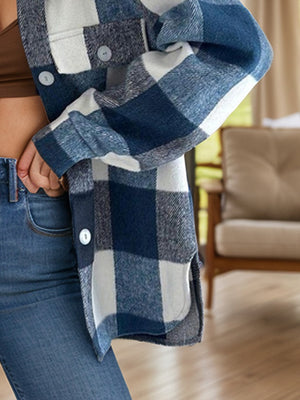 Oversized blue plaid wool-blend shacket with button front and chest pockets.