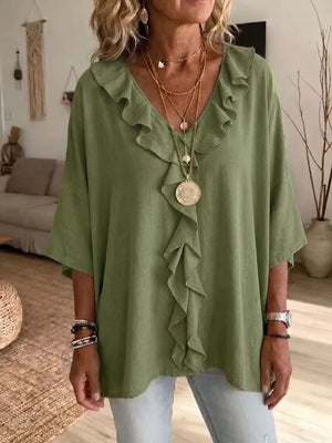 Full Size Ruffle V-neck 3/4 Sleeve Blouse Plus Size in Green, close-up detail