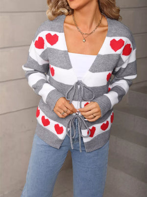 Grey striped acrylic cardigan with red heart pattern and tie-front detail