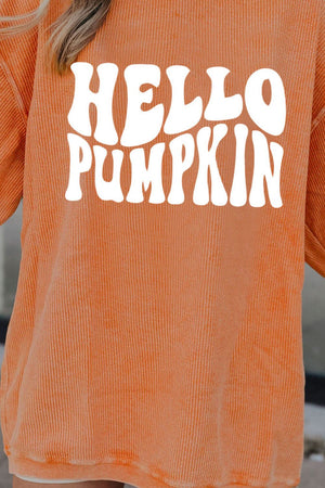 Corduroy sweatshirt in caramel with white "Hello Pumpkin" graphic text.