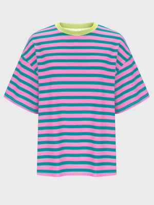 Oversized striped tee in fuchsia pink and teal with dropped sleeves and a lime green neckline.