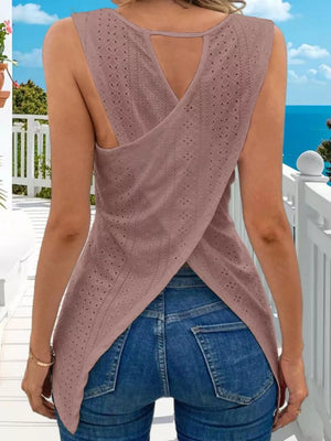 Openwork knit tank top in bean paste powder with crisscross back detail.