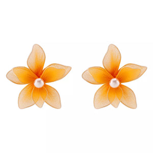 Orange floral pearl stud earrings with sheer petals and alloy backing.