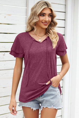 Burgundy flutter sleeve henley tee with tie neck detail and layered sleeves.