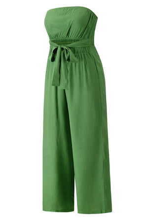 Green bandeau tie-waist wide-leg jumpsuit with a bow detail.