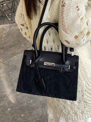 Textured Leather Top-handle Handbag in Black, side view