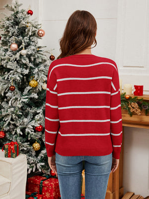 Scarlet red striped knit jumper with crew neck and long sleeves.