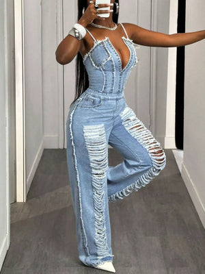 Distressed Spaghetti Strap Wide-leg Denim Jumpsuit, close-up detail