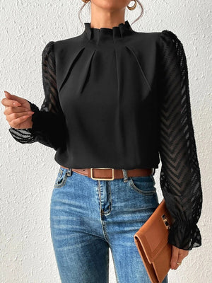 Black chevron sleeve ruffle neck blouse with pleated front detail.