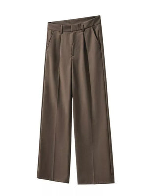 Brown pleated wide-leg trousers with front pockets and a classic fit.