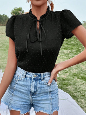 Black dotty frill tie neck blouse with short puff sleeves