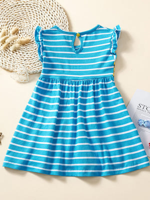 Blue and white striped cotton toddler dress with ruffled cap sleeves and animal appliqué detail.